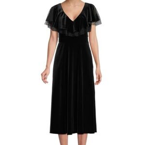 NWT Mikael Aghal $395 Velvet ruffle trim dress black funeral formal event